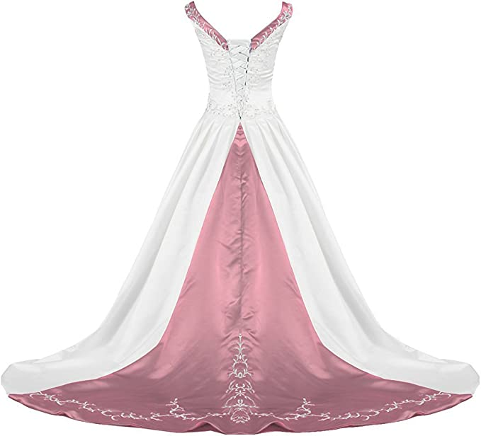 APXPF Women's V Neck Satin Embroidery Wedding Dress